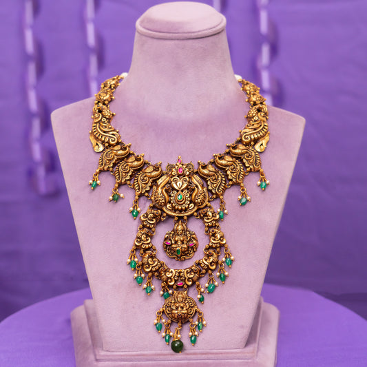 Eloise Nakshi Necklace, Gold plated premium 92.5 silver necklace featuring timeless emeralds, ruby potas, and ruby stones