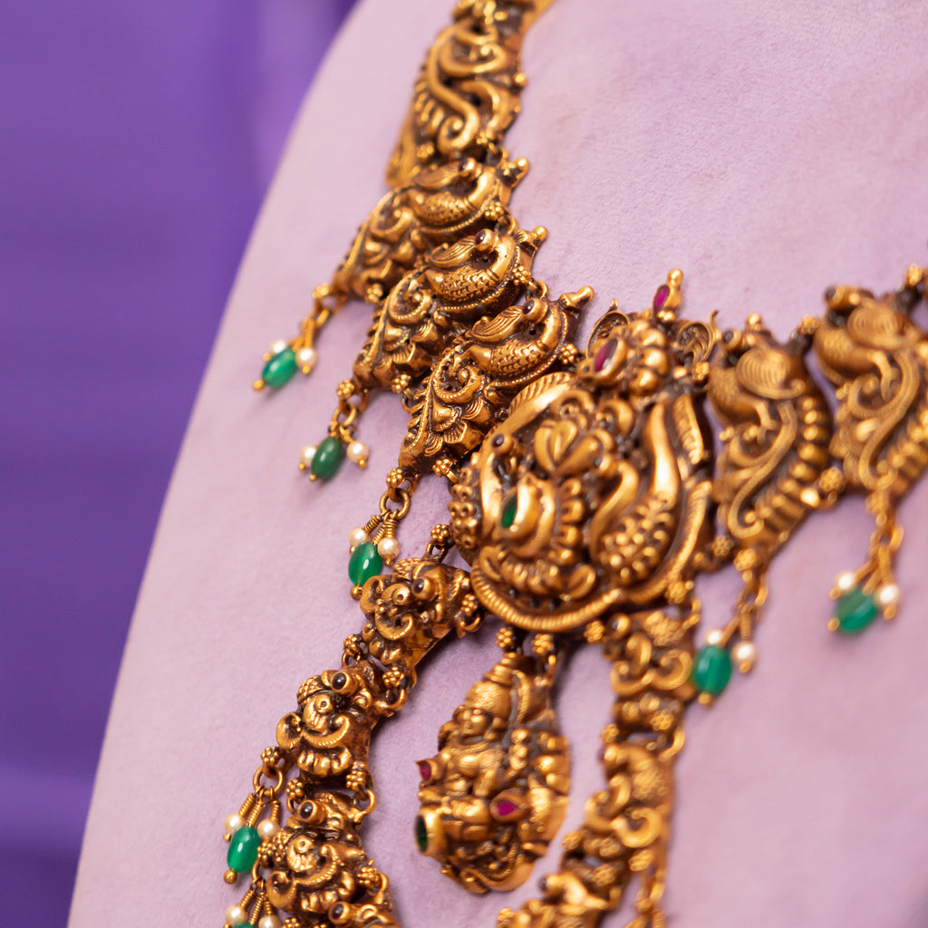 Eloise Nakshi Necklace, Gold plated premium 92.5 silver necklace featuring timeless emeralds, ruby potas, and ruby stones