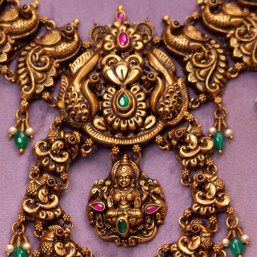 Eloise Nakshi Necklace, Gold plated premium 92.5 silver necklace featuring timeless emeralds, ruby potas, and ruby stones