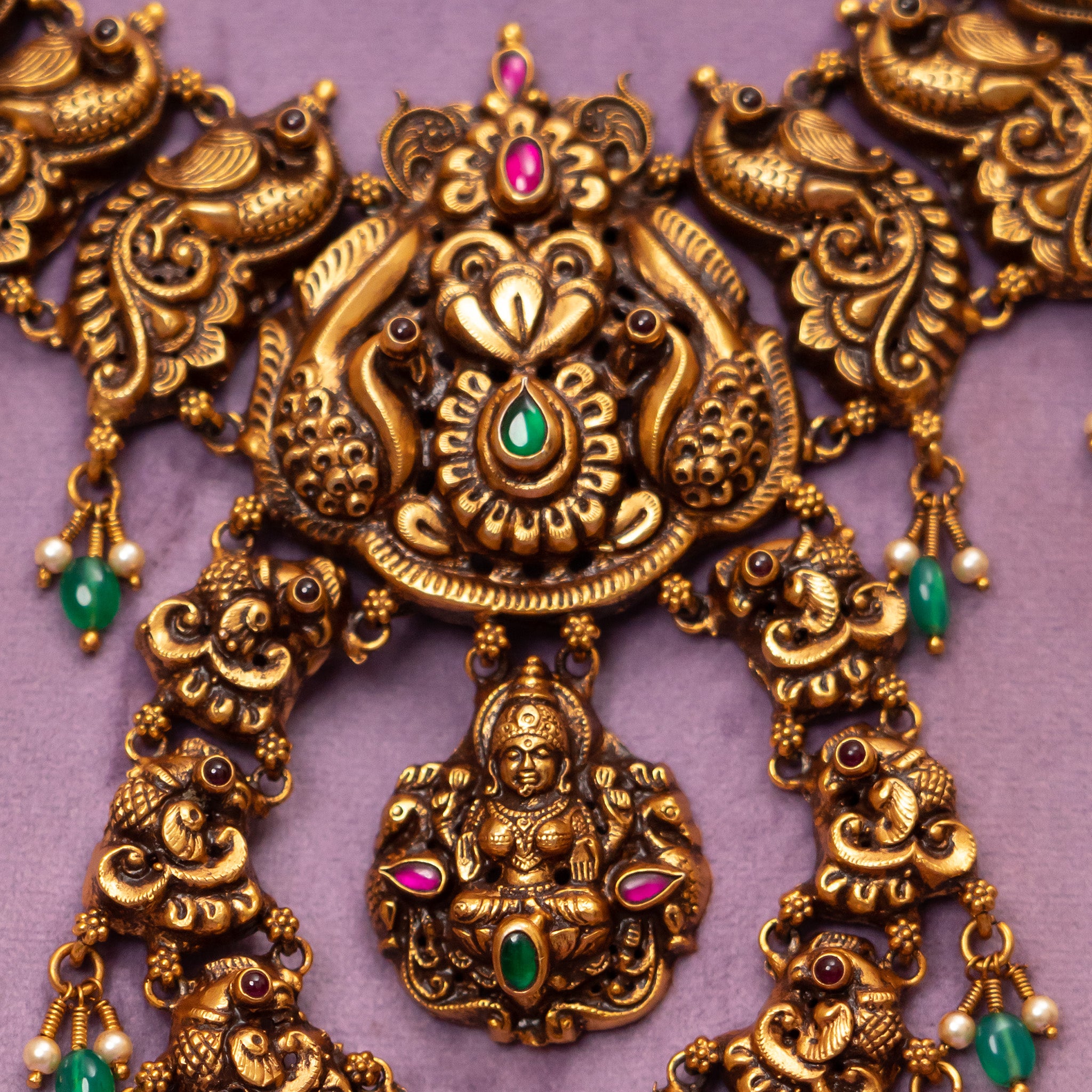 Eloise Nakshi Necklace, Gold plated premium 92.5 silver necklace featuring timeless emeralds, ruby potas, and ruby stones