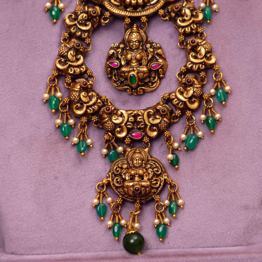 Eloise Nakshi Necklace, Gold plated premium 92.5 silver necklace featuring timeless emeralds, ruby potas, and ruby stones