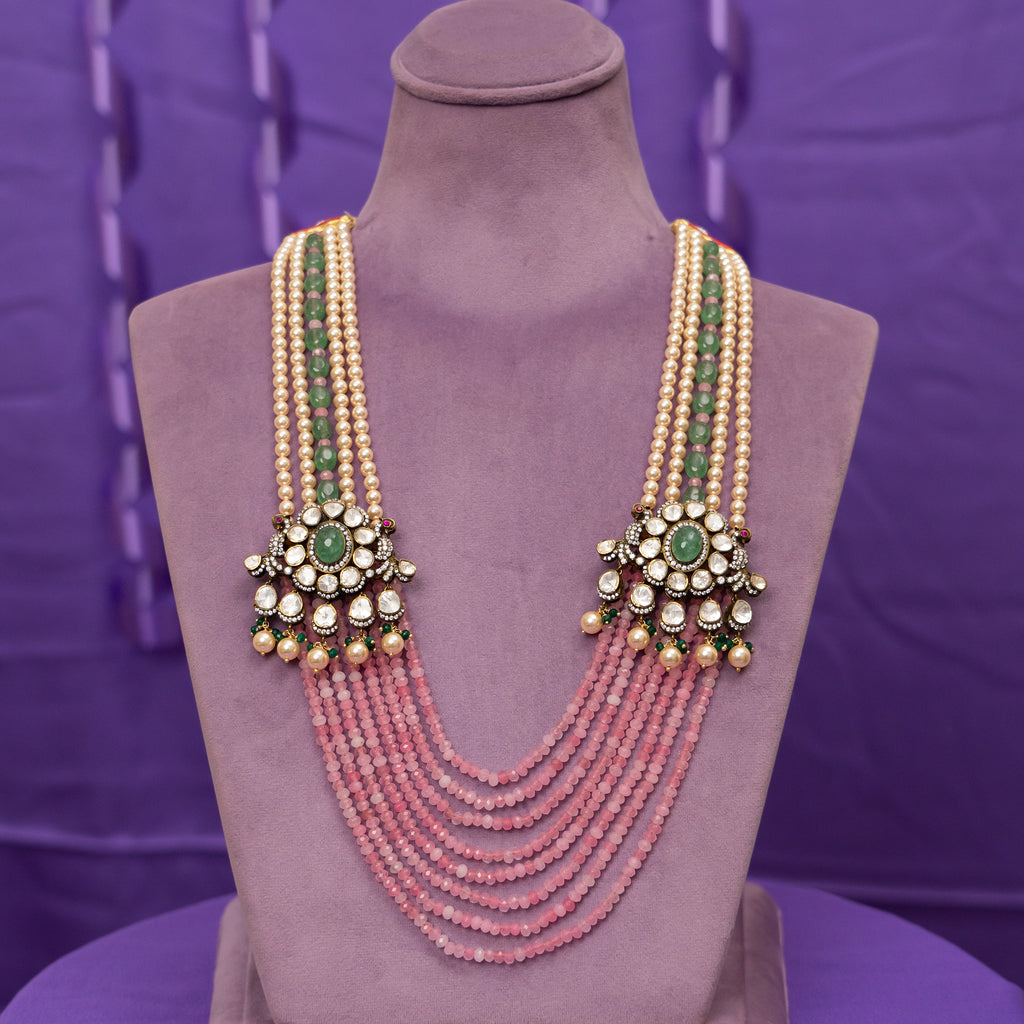 Aida beads haram, crafted from 92.5 gold plated silver that features pearl, tourmaline beads, jade, and moissanite stones, pairs well with traditional and indo-western outfits