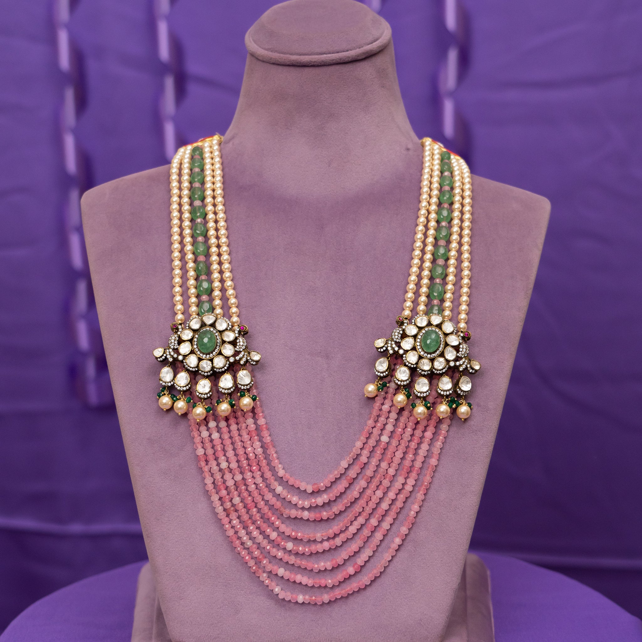 Aida beads haram, crafted from 92.5 gold plated silver that features pearl, tourmaline beads, jade, and moissanite stones, pairs well with traditional and indo-western outfits