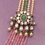 Aida beads haram, crafted from 92.5 gold plated silver that features pearl, tourmaline beads, jade, and moissanite stones, pairs well with traditional and indo-western outfits