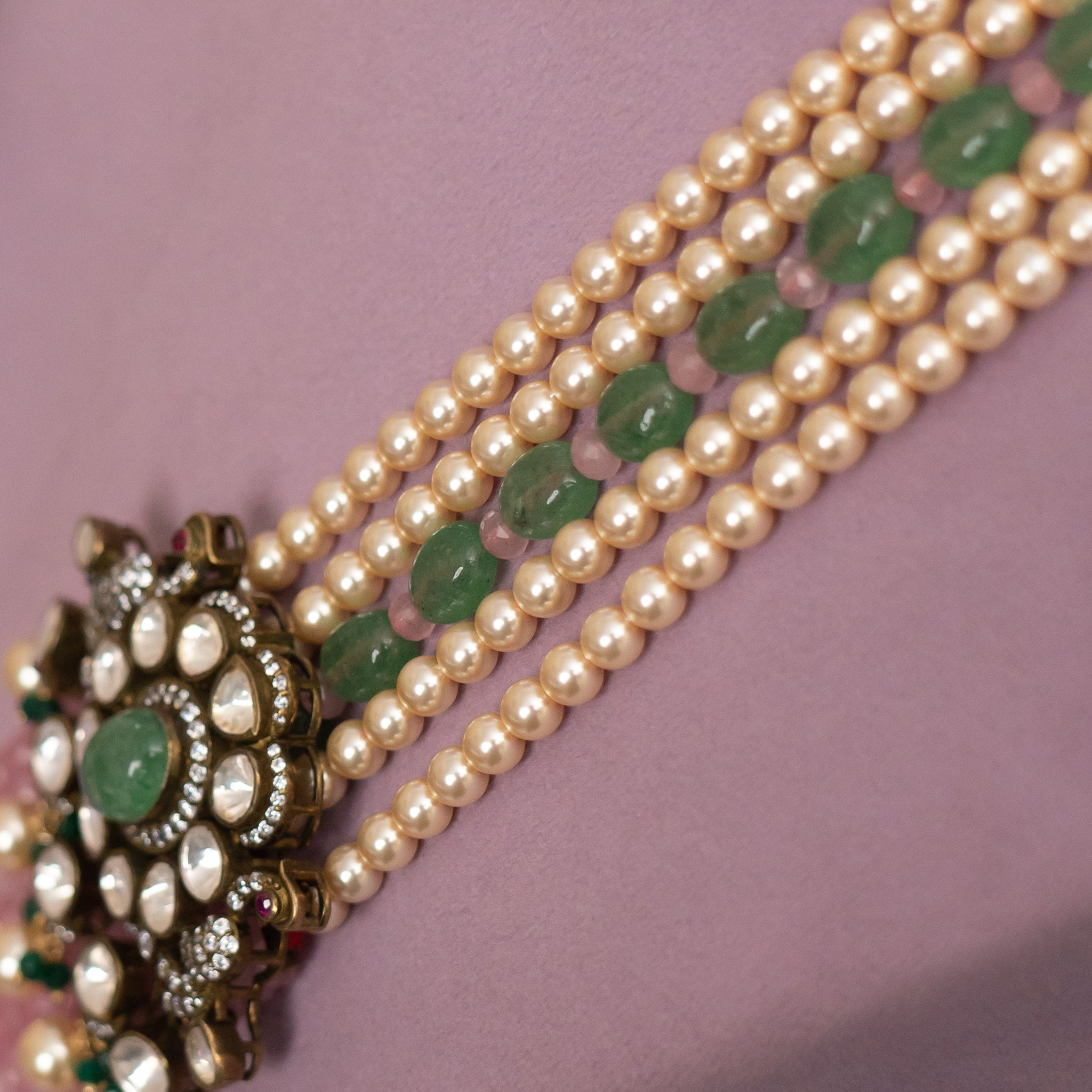 Aida beads haram, crafted from 92.5 gold plated silver that features pearl, tourmaline beads, jade, and moissanite stones, pairs well with traditional and indo-western outfits