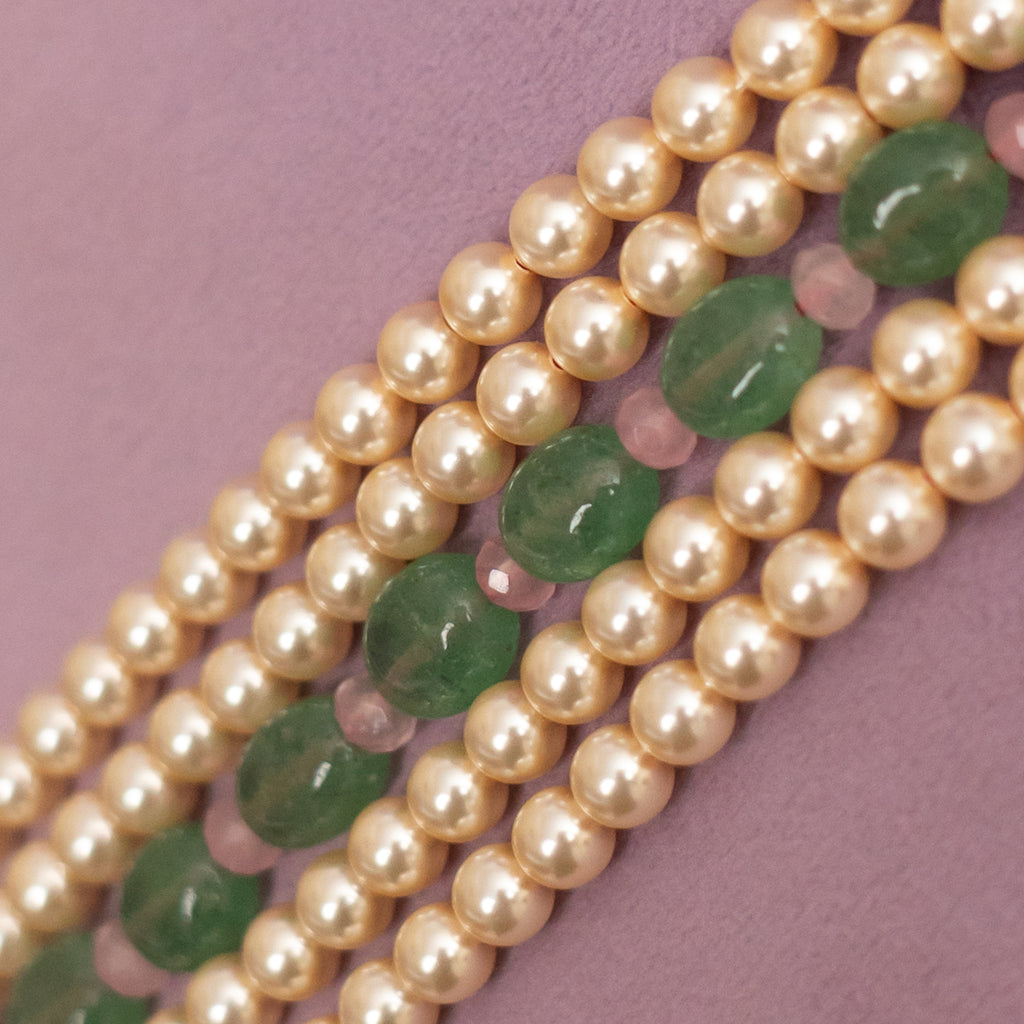 Aida beads haram, crafted from 92.5 gold plated silver that features pearl, tourmaline beads, jade, and moissanite stones, pairs well with traditional and indo-western outfits