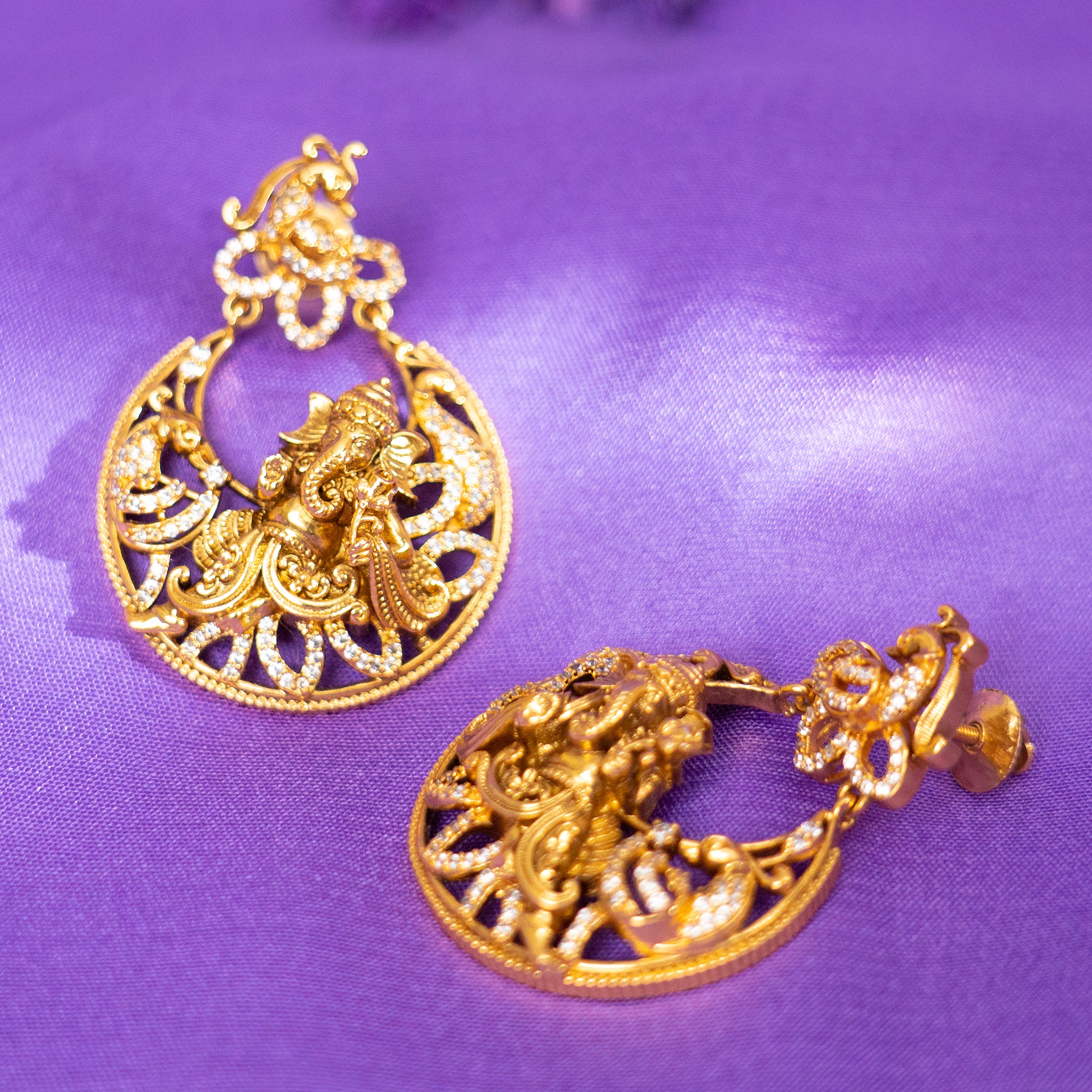 Saachi Silver Earrings, gold plated 92.5 silver earrings featuring traditional south indian designs adorning cz stones