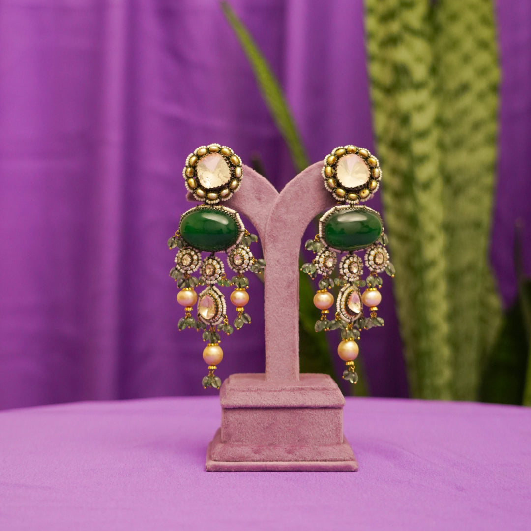 Ameya Silver Earrings, 92.5 silver earrings with gold-plating, gold plated silver earrings featuring with timeless Cubic zirconia stones, Emeralds, Seed pearls and Moissanite stones