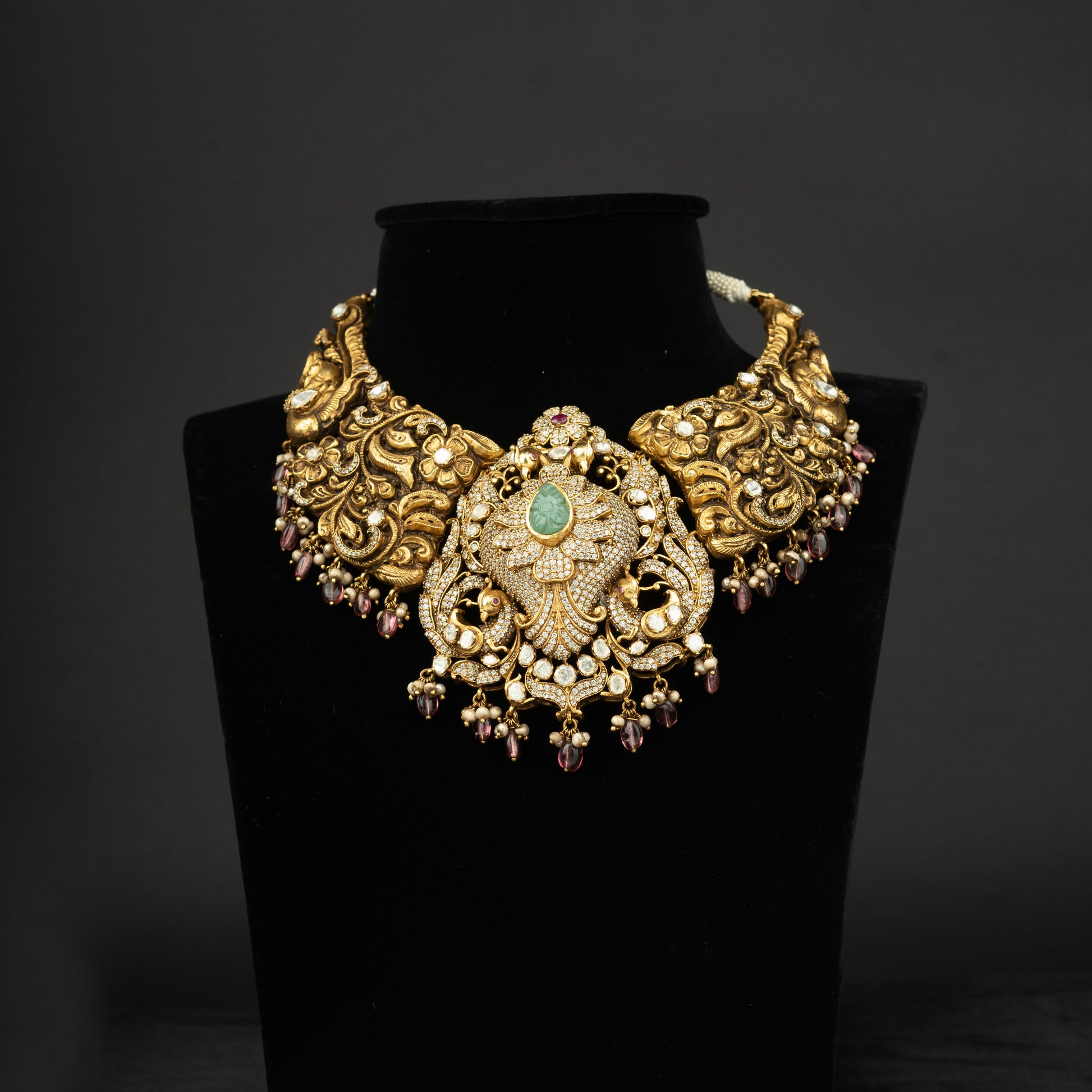 Ezhil Silver Cz Necklace, Gold plated 92.5 cz silver necklace featuring turquoise stone, moissanite stones and cz stones