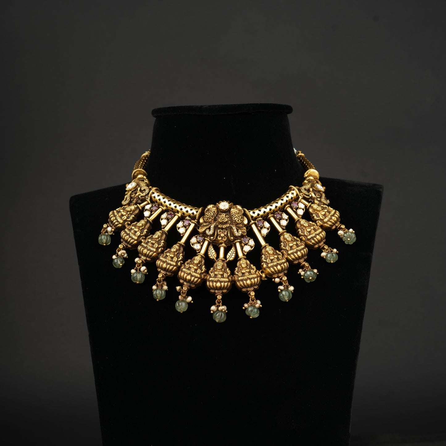 Easha Silver Necklace, Gold plated premium 92.5 silver necklace featuring timeless CZ, emerald stones and rubies