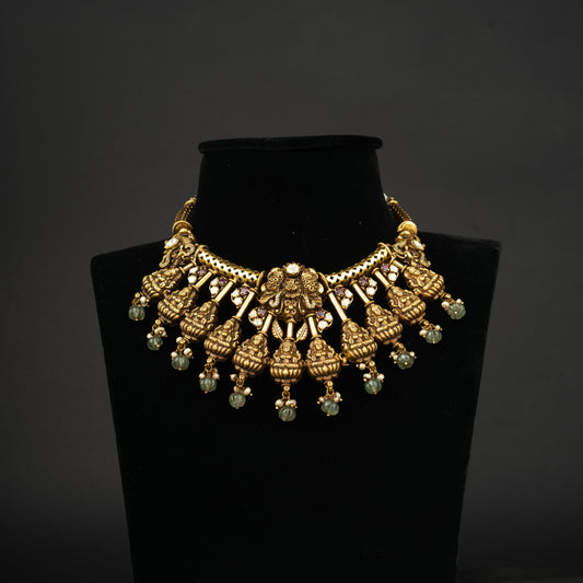 Easha Silver Necklace, Gold plated premium 92.5 silver necklace featuring timeless CZ, emerald stones and rubies