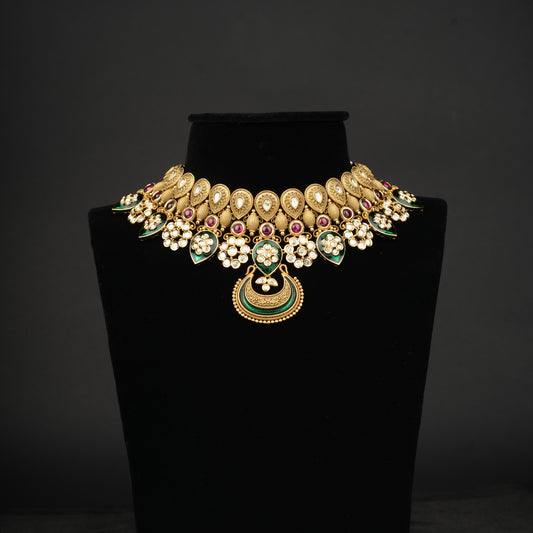 Aizah Gold-plated Kundan Necklace, Gold plated premium 92.5 silver necklace featuring timeless kundan stones, rubies, and emeralds