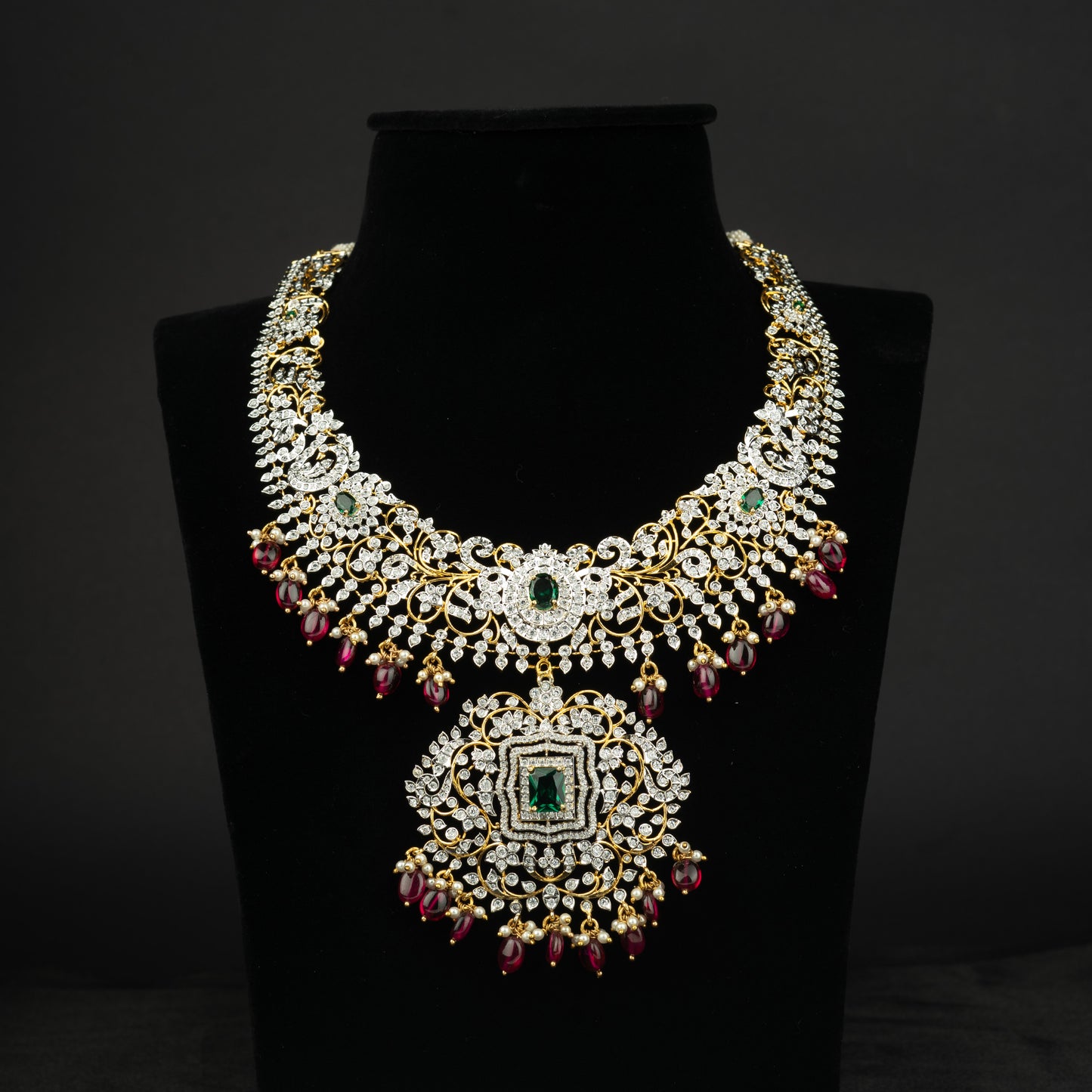 Kashvi Silver CZ Necklace, Gold plated 92.5 silver cz necklace featuring cz stones, emerald and seed pearls