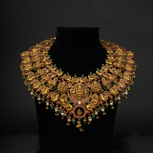 Arushi Gold-plated Kundan Necklace, Gold plated premium 92.5 silver necklace featuring timeless emeralds, kundan stones, and rubies