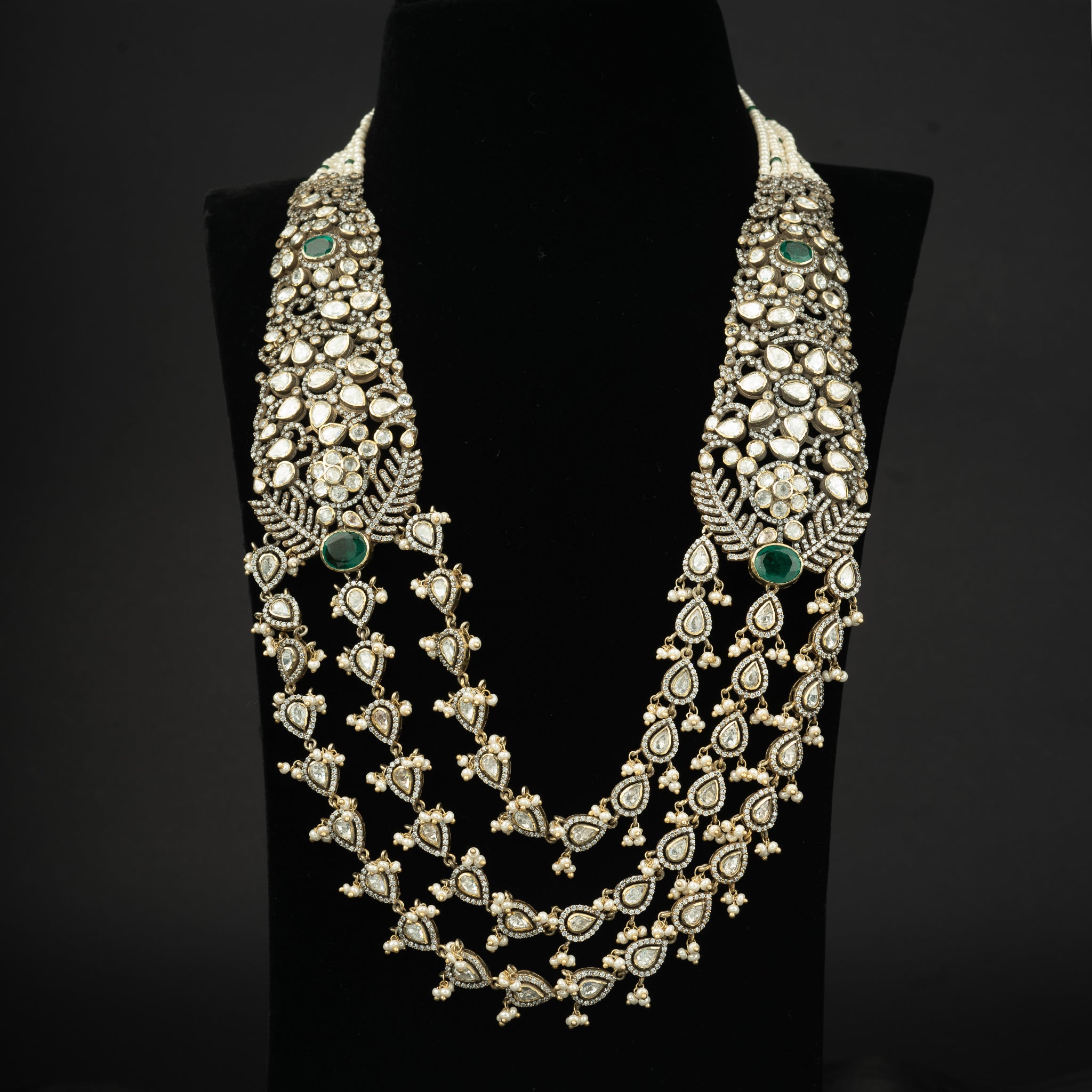 Leya Victorian gold-plated haram, gold plated 92.5 silver Victorian haram featuring emerald, moissanite, cz stones and seed pearls