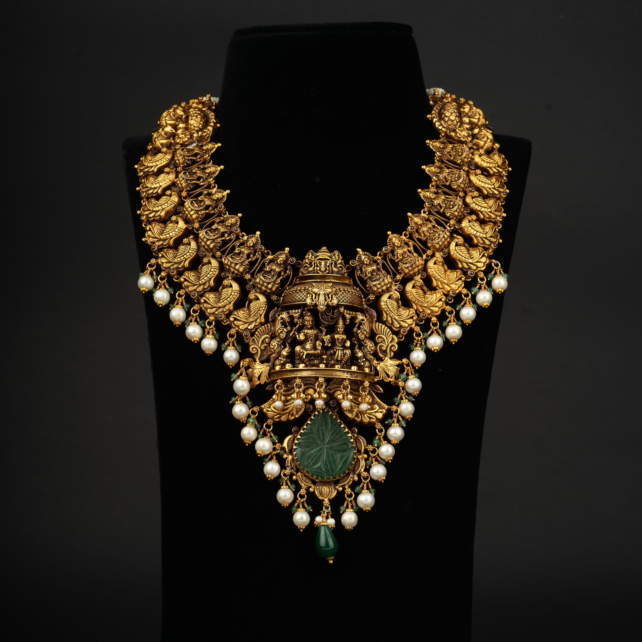 Taneira antique haram, gold plated 92.5 silver antique haram featuring pearls, emerald and ruby potas stones