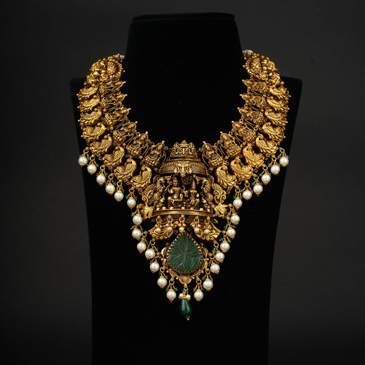 Taneira antique haram, gold plated 92.5 silver antique haram featuring pearls, emerald and ruby potas stones