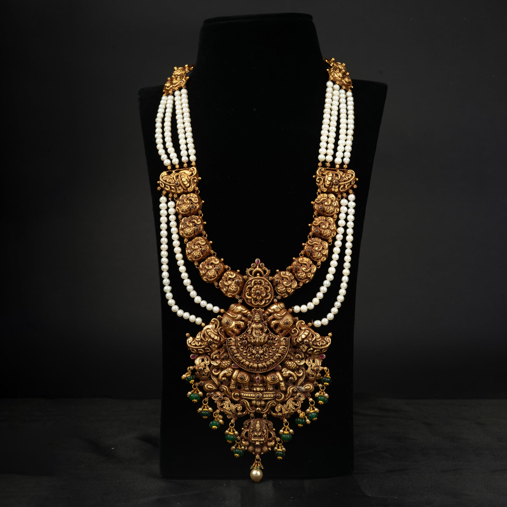 Kushi antique haram, gold plated 92.5 silver antique haram featuring pearls