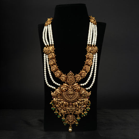 Kushi antique haram, gold plated 92.5 silver antique haram featuring pearls