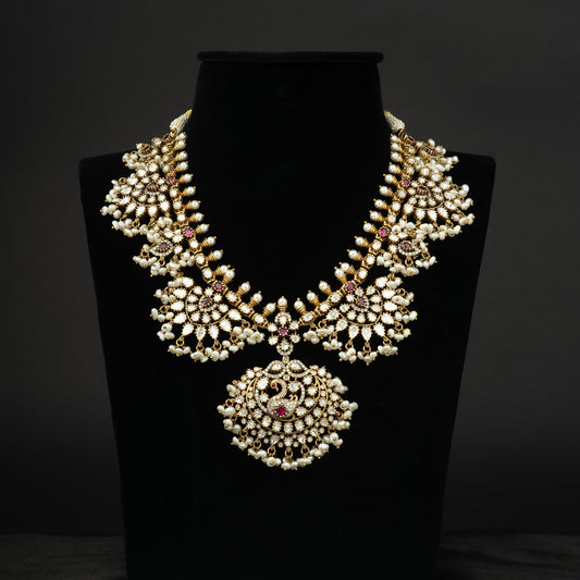 Ananta Silver CZ Necklace, Gold plated 92.5 silver necklace featuring moissanite, ruby and seed pearls