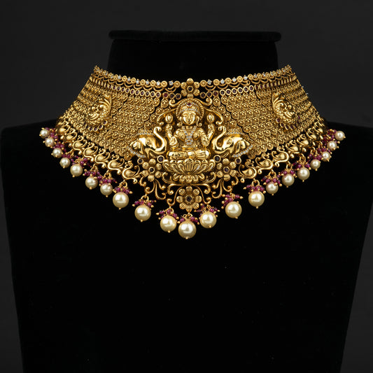 Aadrika Nakshi Silver Choker, Gold plated premium 92.5 silver choker featuring timeless CZ and ruby potas