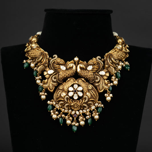 Aarushi Gold-plated Kundan Necklace, Gold plated premium 92.5 silver necklace featuring timeless kundan stones, cubic zirconia stones, and rubies