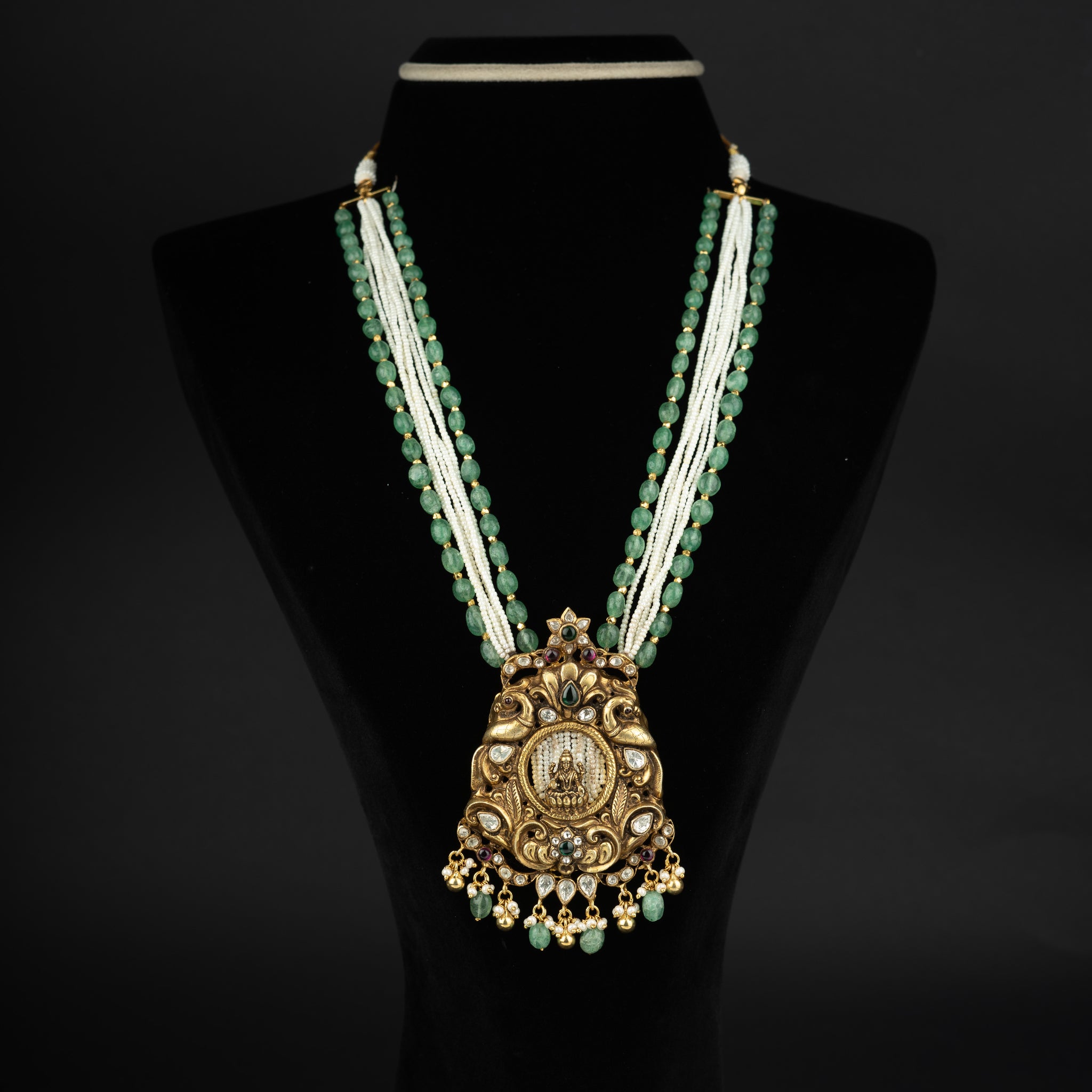 Prisha beads haram, gold plated 92.5 silver beads harm with traditional dollar featuring moissanite and seed pearls