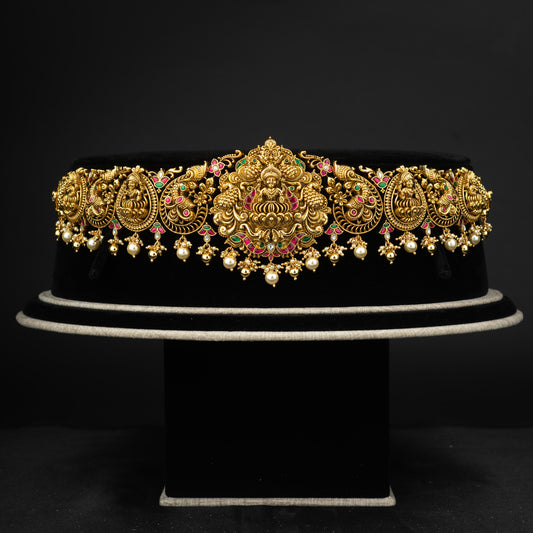 Aashriya nakshi vaddanam, Gold plated 92.5 silver nakshi vaddanam featuring traditional south Indian designs adorning pearls, ruby and emerald stones 