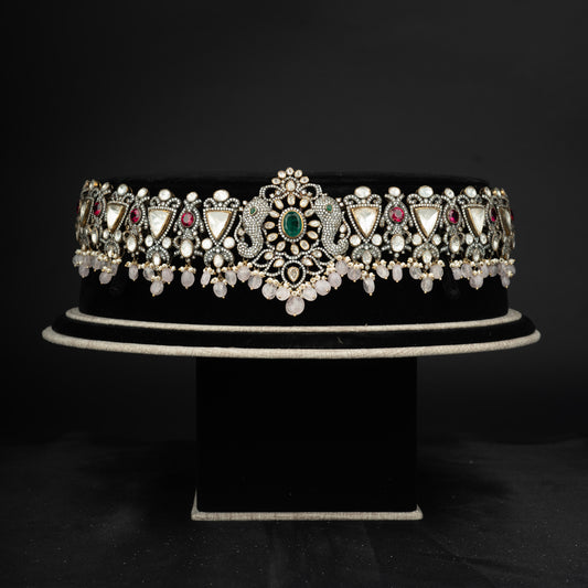 Saanvi Victorian vaddanam, 92.5 silver victorian vaddanam featuring cz stones, emerald, ruby and moissanite stones