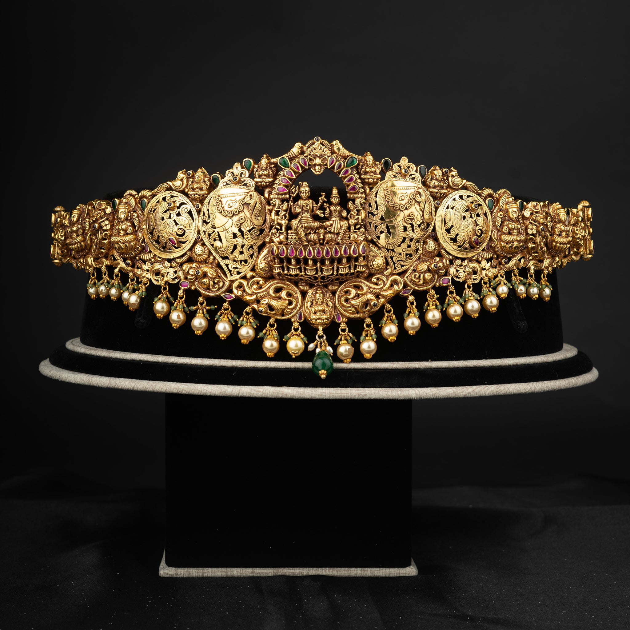 Varenya vaddanam, Gold plated 92.5 silver vaddanam featuring beautiful south Indian temple jewellery design adorning ruby stones and pearls