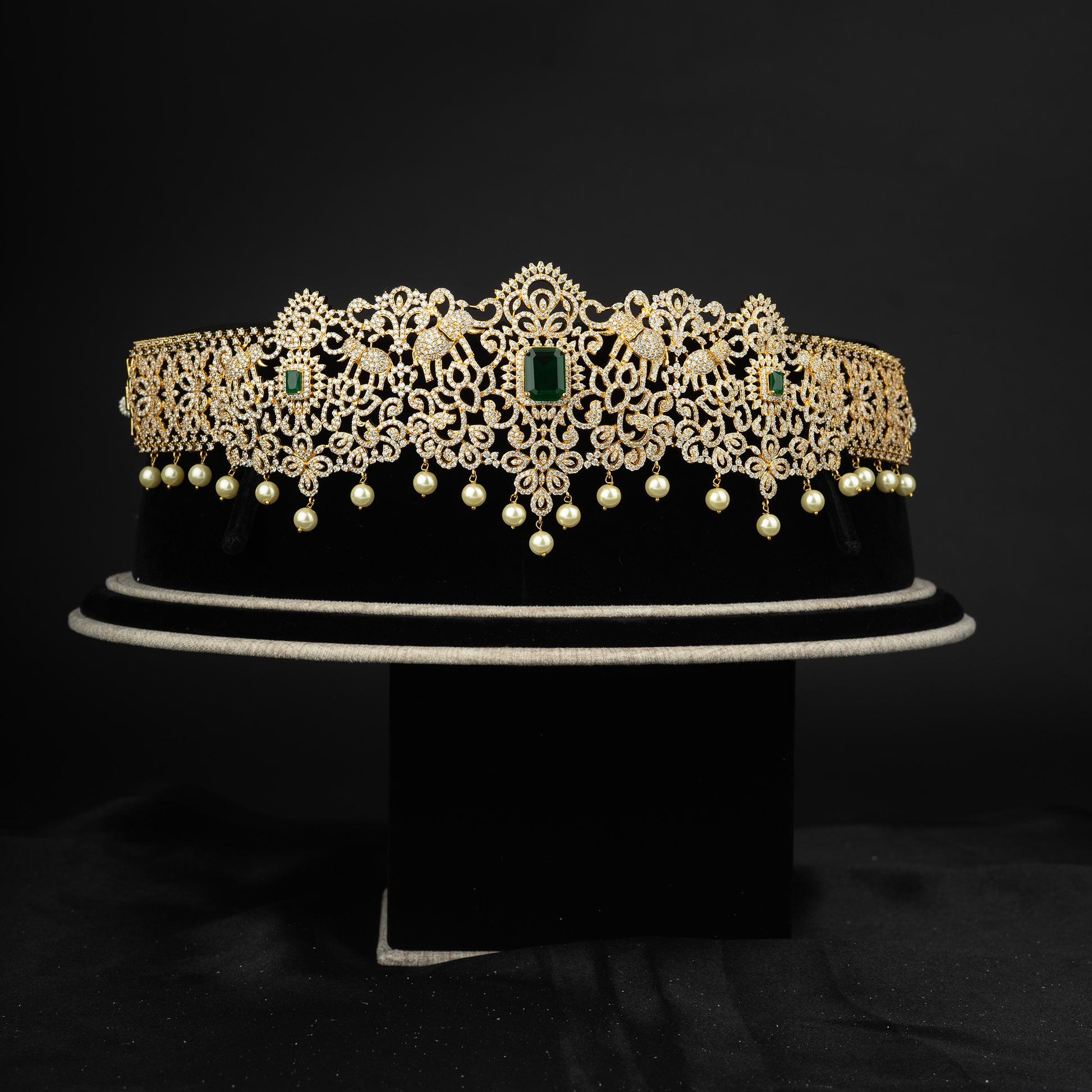 Eshana cz vaddanam, Gold plated 92.5 silver designer vaddanam featuring cz stones and emerald stones