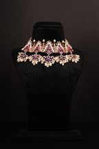 Disha Silver CZ Necklace, Gold plated premium 92.5 silver necklace featuring timeless tourmaline, tanzanite, cubic zirconia stones, and seed pearls