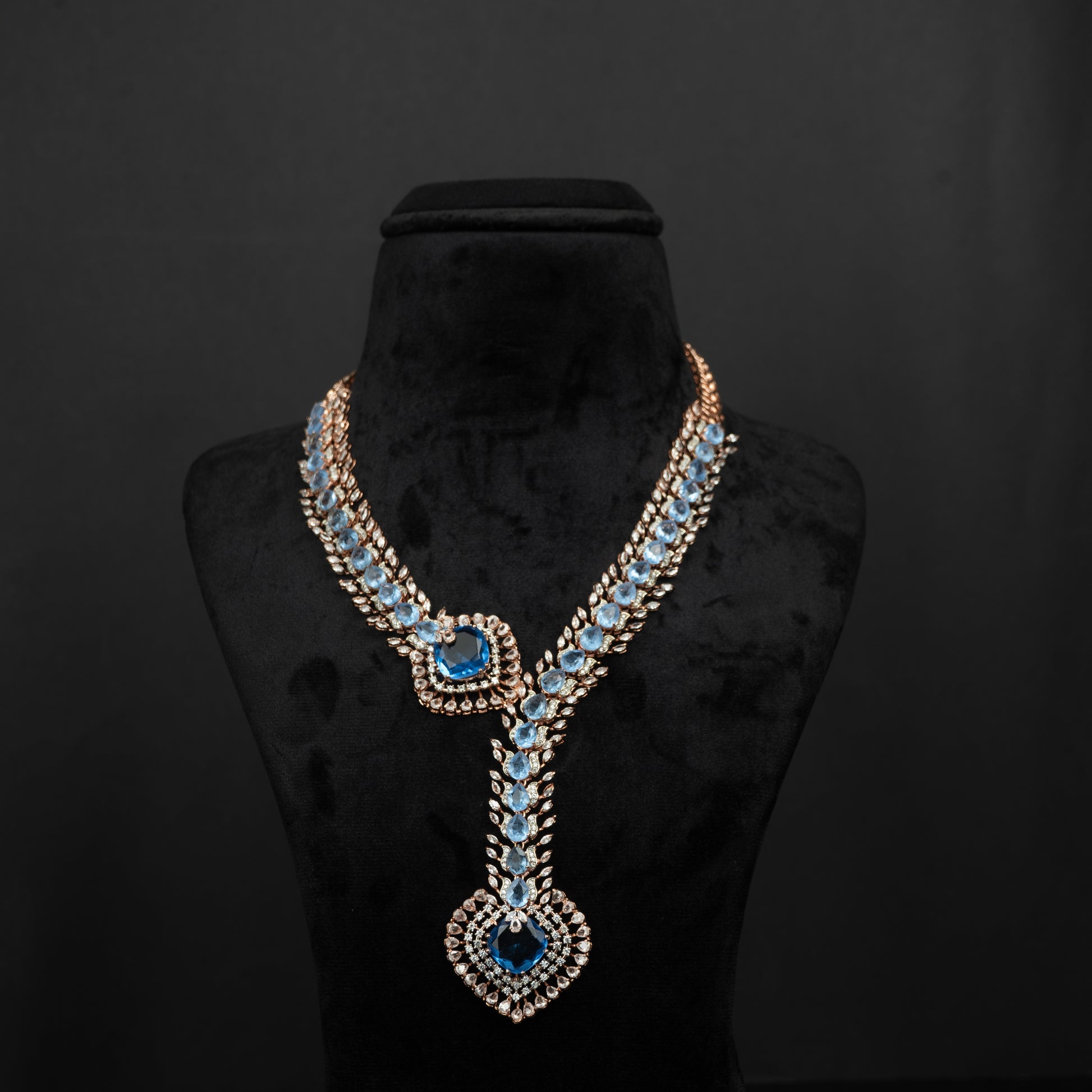 Pragya Silver Necklace, Gold plated 92.5 silver choker necklace featuring cubic zirconia, blue sapphire, and moissanite stones