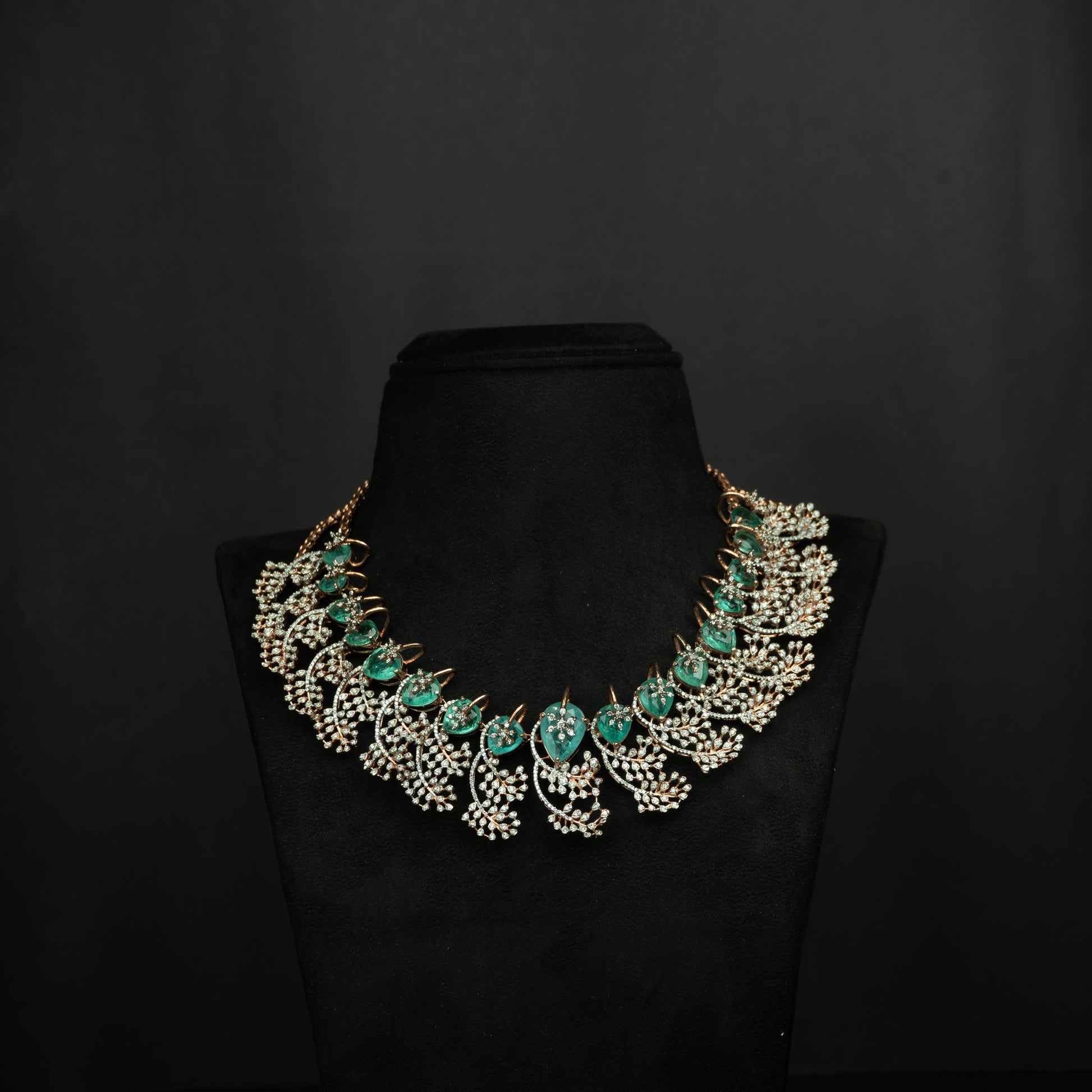 Jeeva CZ Silver Necklace, Gold plated premium 92.5 silver necklace featuring timeless CZ and emerald stones