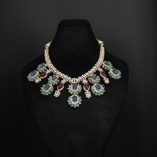 Taneesha Silver CZ Necklace, Gold plated premiium 92.5 silver necklace featuring timeless ruby, cubic zirconia, blue topaz stones, and tourmaline beads