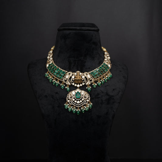 Amaya Silver Necklace, Gold plated premium 92.5 silver necklace featuring timeless tourmaline, seed pearls, cubic zirconia stones, moissanite, and emerald stones