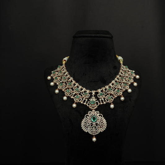 Aainah Silver CZ Necklace, Gold plated premium 92.5 silver necklace featuring timeless beads, CZ and emerald stones