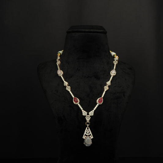 Nitara Silver Necklace, Gold plated premium 92.5 silver necklace featuring timeless CZ and ruby stones