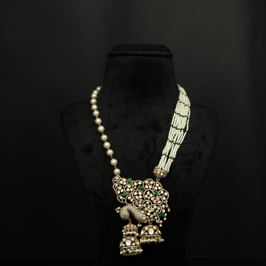 Viha Beads Haram, 92.5 silver with gold plating featuring intricate peacock design, pearl haram, designer haram