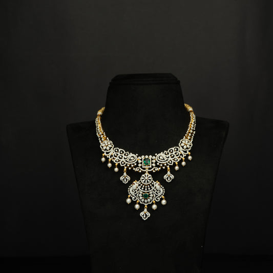 Shrina Silver CZ Necklace, Gold plated premium 92.5 silver necklace featuring timeless CZ, beads and emerald stones