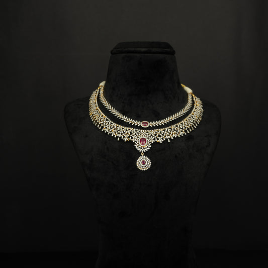 Shyla Silver CZ Necklace, Gold plated premium 92.5 silver necklace featuring timeless CZ and ruby stones