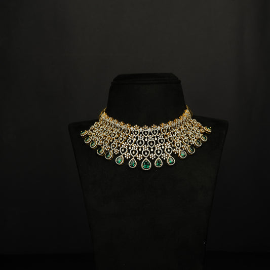 Tiya Silver Necklace, Gold plated premium 92.5 silver necklace featuring timeless CZ and emerald stones