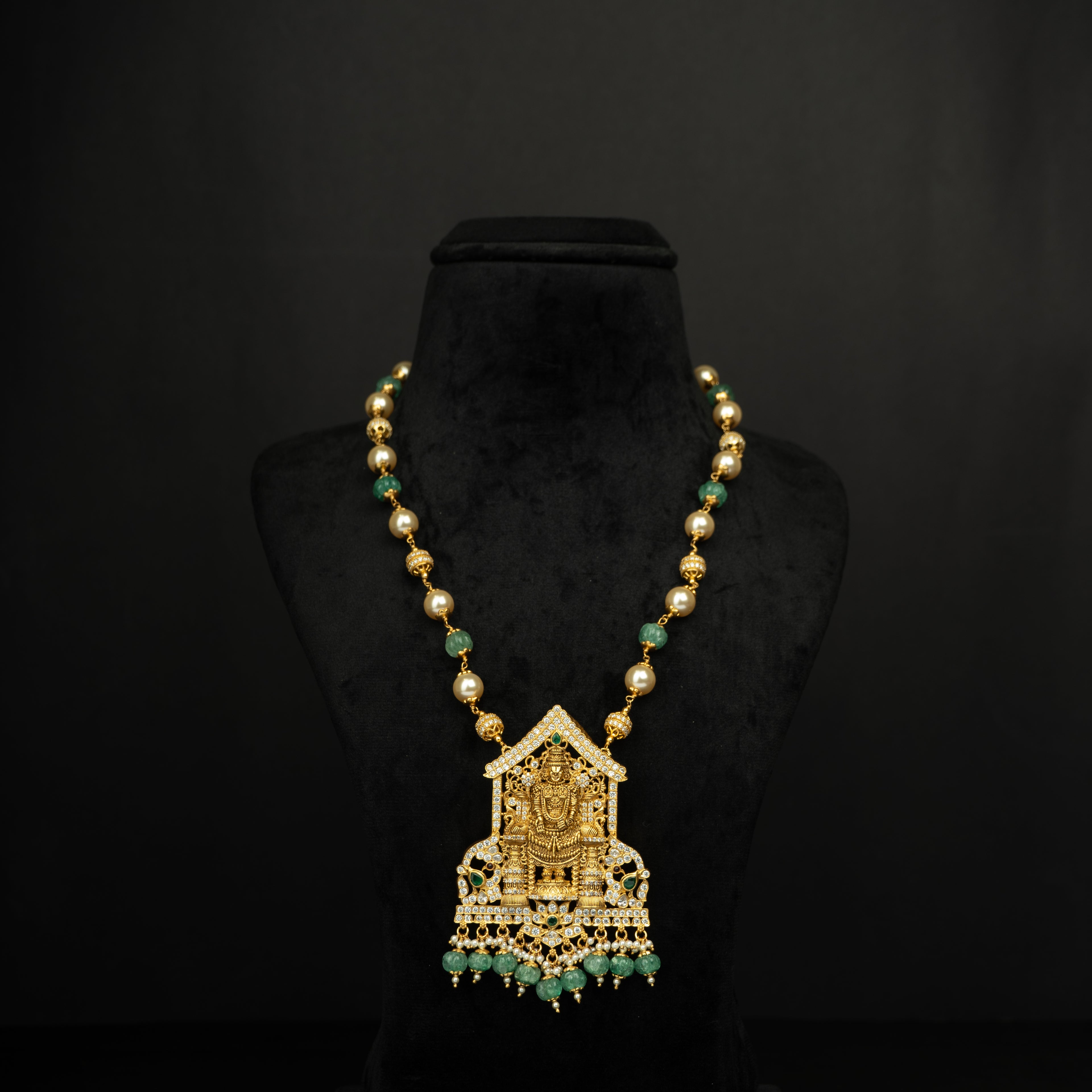 Anaiza Silver CZ Necklace, Gold plated premium 92.5 silver necklace featuring timeless cubic zirconia, emerald stones, seed pearls, ruby potas, and tourmaline