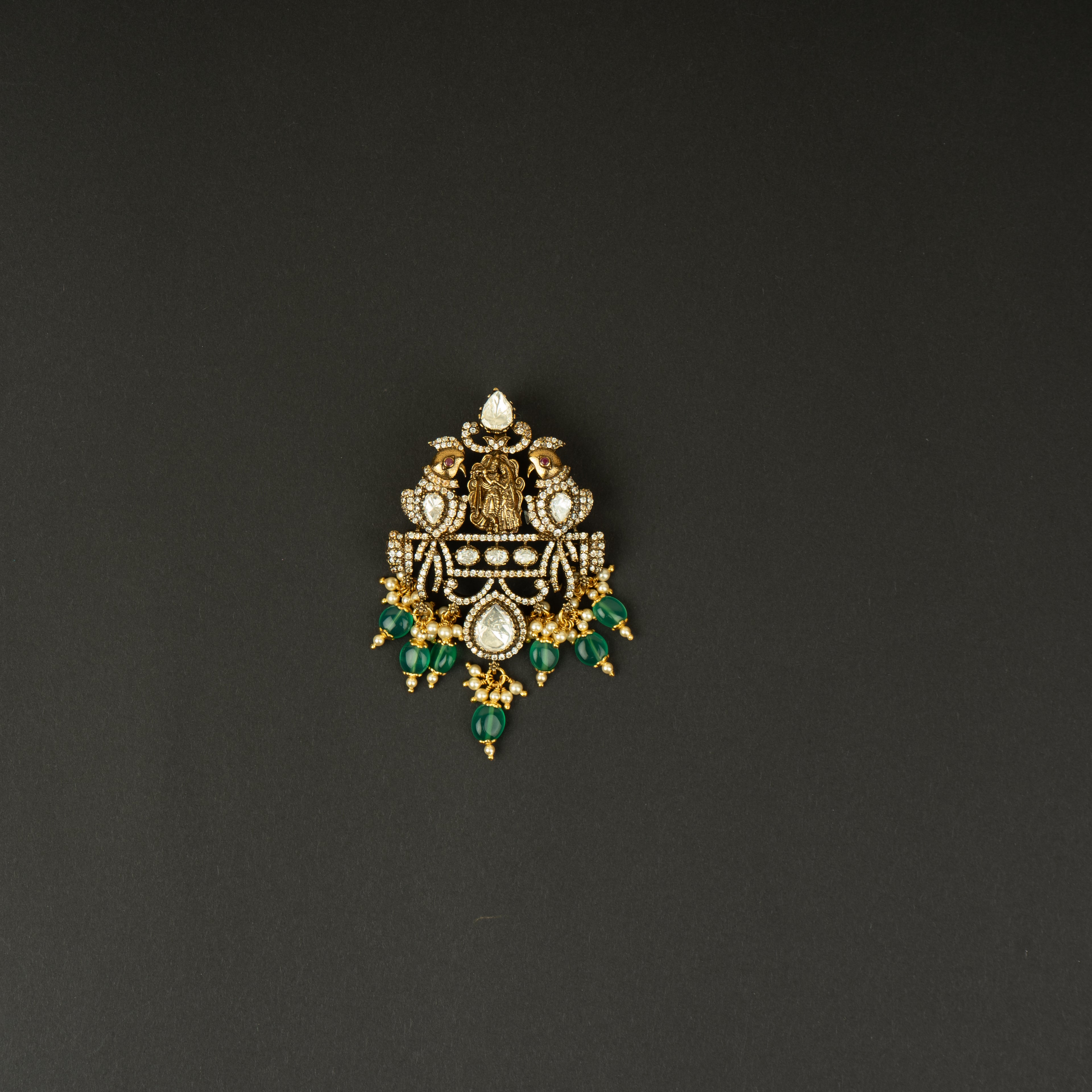 Eeshana Silver CZ Pendant, Gold plated premium 92.5 silver pendant featuring timeless moissanite, cubic zirconia stones, seed pearls, and tourmaline