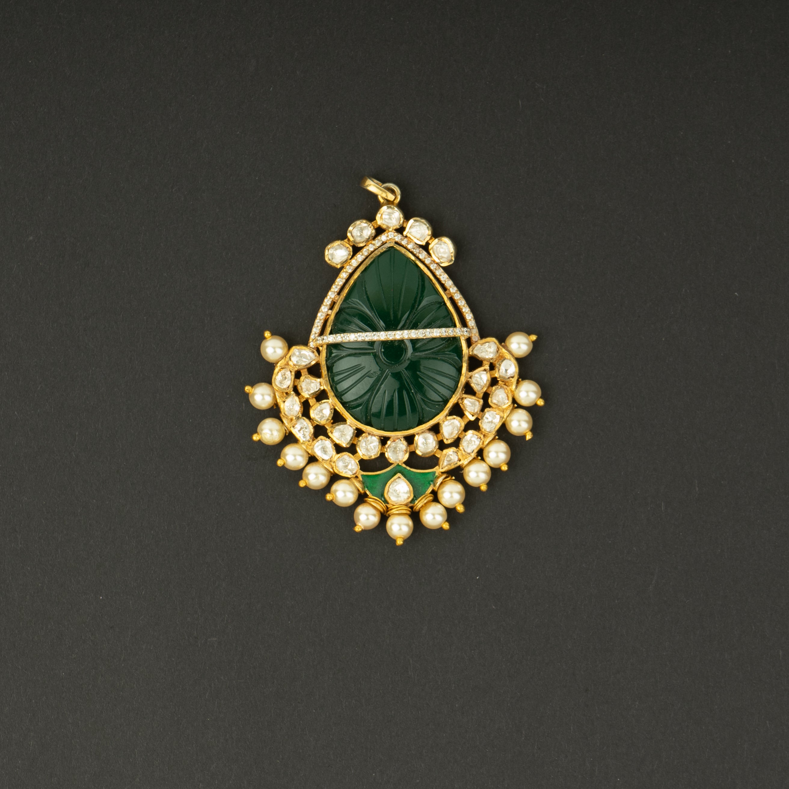 Eshika Silver Pendant, Gold plated premium 92.5 silver pendant featuring timeless beads, moissanite, and emerald stones