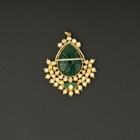 Eshika Silver Pendant, Gold plated premium 92.5 silver pendant featuring timeless beads, moissanite, and emerald stones