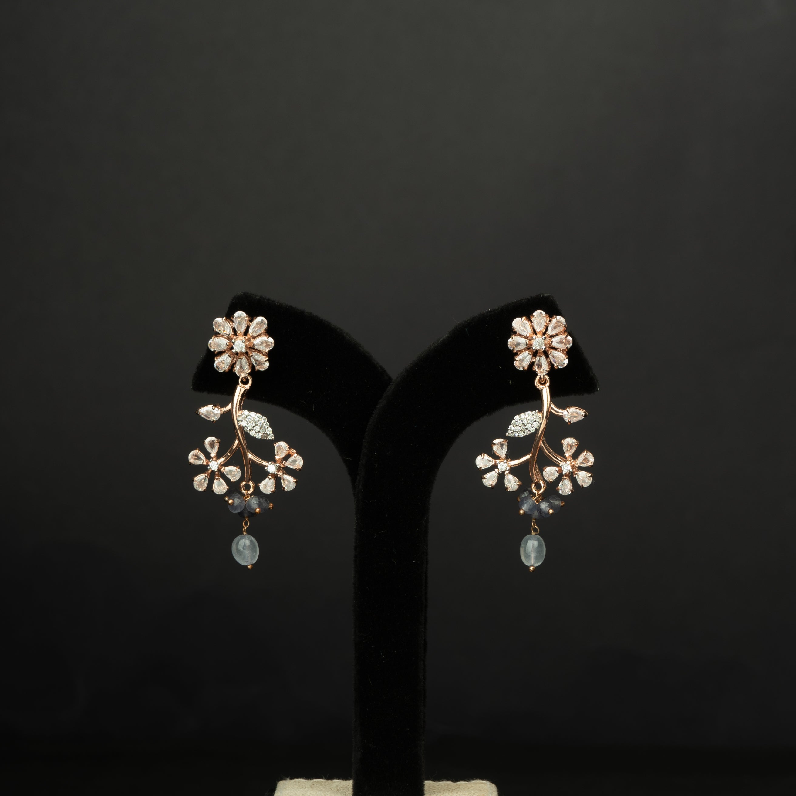 Diya Silver Earrings, crafted with premium gold-plated 92.5 silver featuring timeless cubic zirconia, moissanite stones, and beads