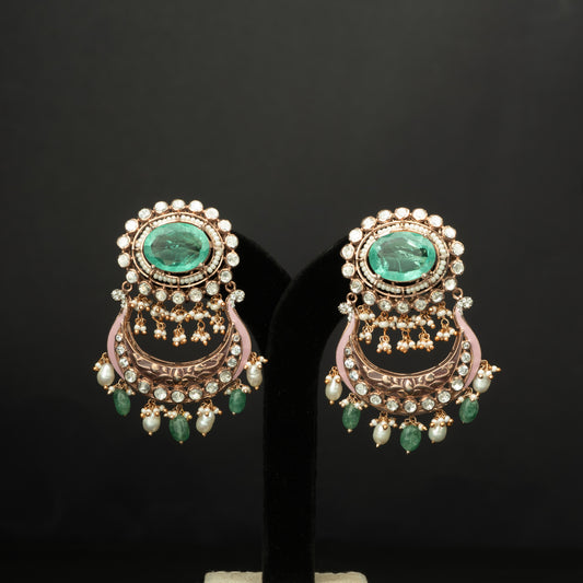 Sayli Silver Earrings, crafted with premium gold-plated 92.5 silver featuring timeless moissanite, emerald stones, seed pearls, and tourmaline beads