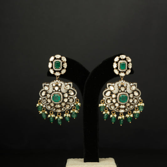 Aarna Silver Earrings, crafted with premium gold-plated 92.5 silver featuring timeless emerald, cubic zirconia, moissanite stones, and beads