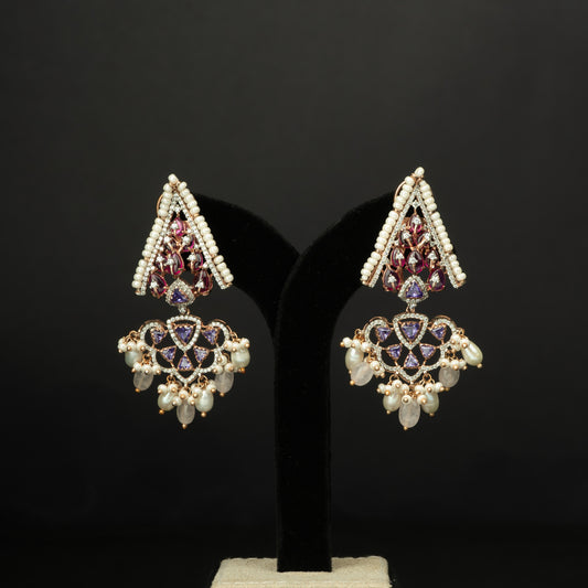 Avni Silver Earrings, crafted with premium gold-plated 92.5 silver featuring timeless tourmaline, tanzanite, cubic zirconia stones, and pearls